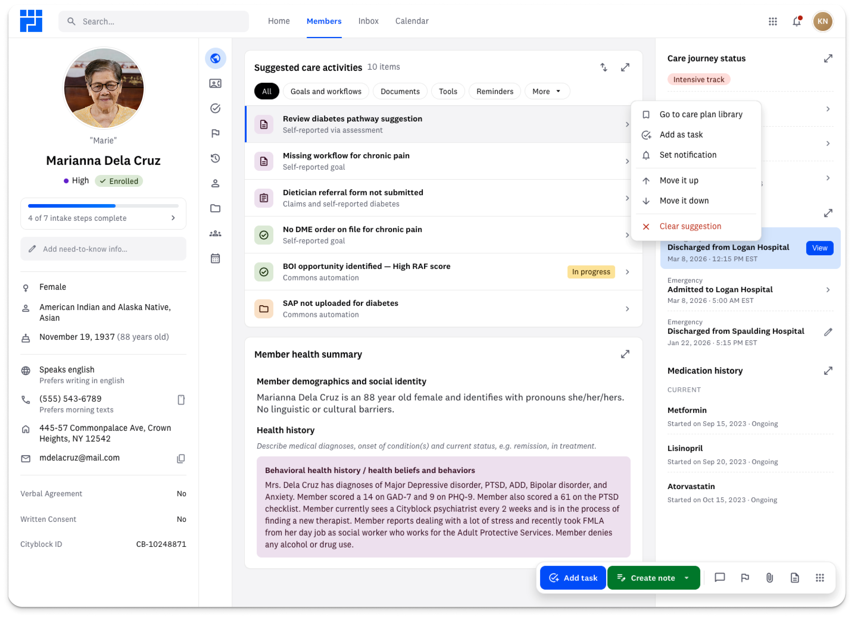 Member profile — suggested care activities